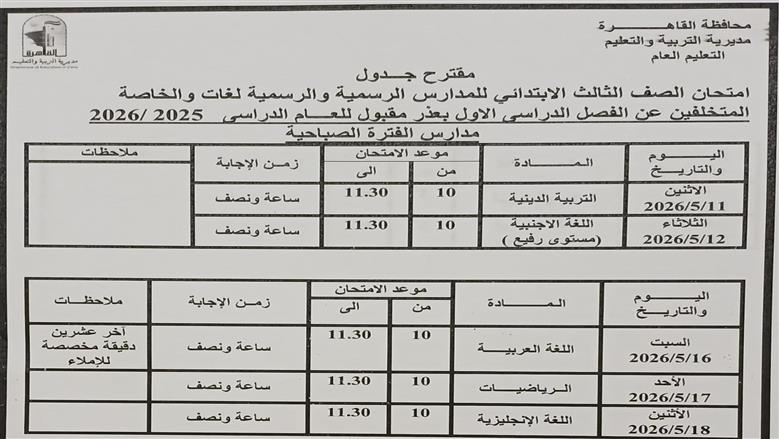 محافظ القاهرة يعتمد جدول امتحانات التيرم الثانى ..تفاصيل