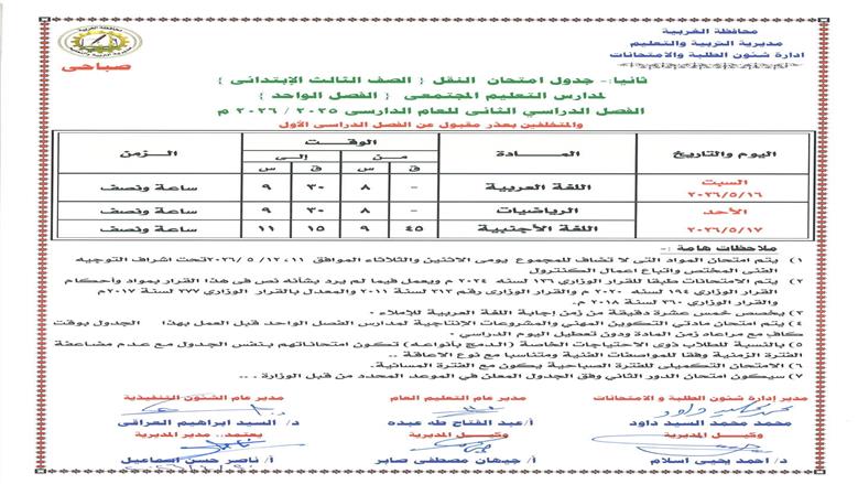 جدول امتحانات الصف الثالث الإبتدائي بالغربية عام 2026