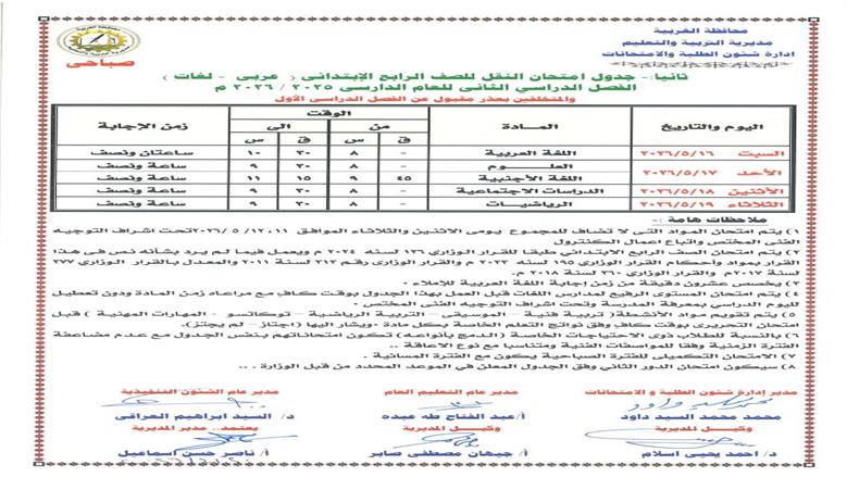 جدول امتحانات الصف الرابع الابتدائي 2026