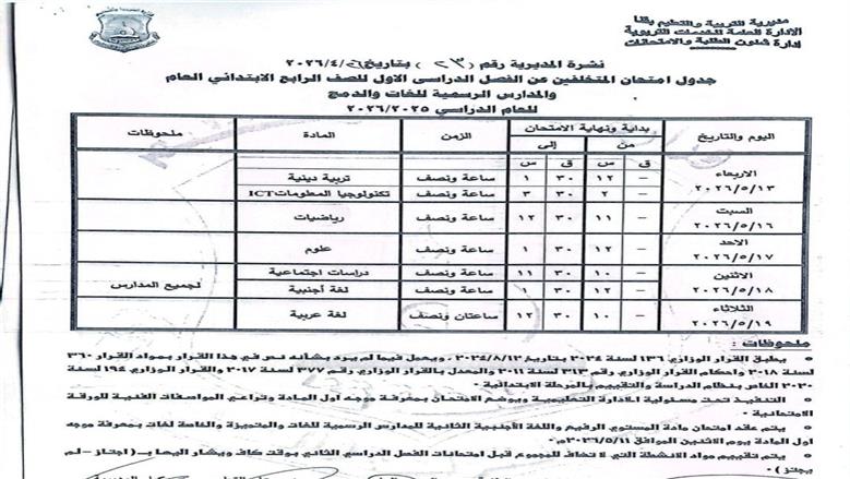 جدول امتحانات الصف الرابع الابتدائي 2026