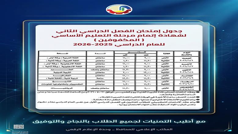 جدول امتحانات الشهادة الاعدادية فى البحيرة