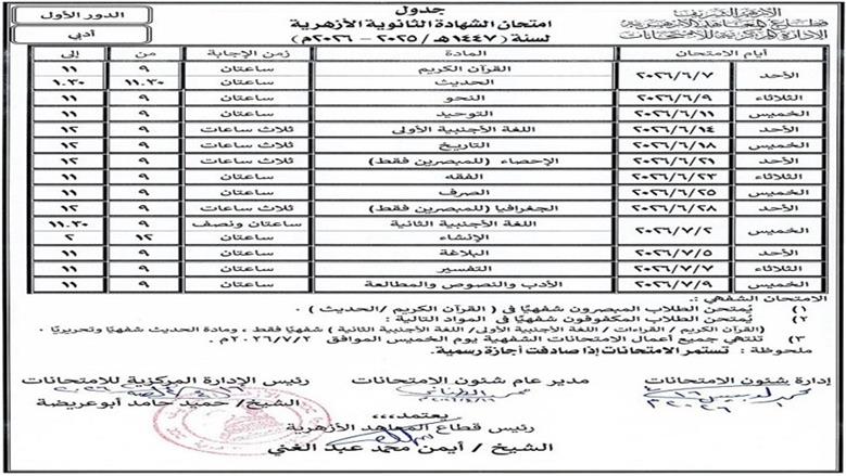 جدول القسم الادبي