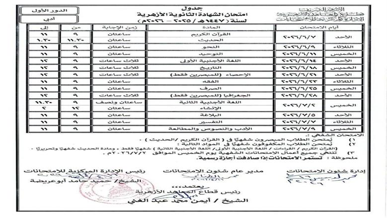 جدول امتحانات الثانوية الأزهرية 2026