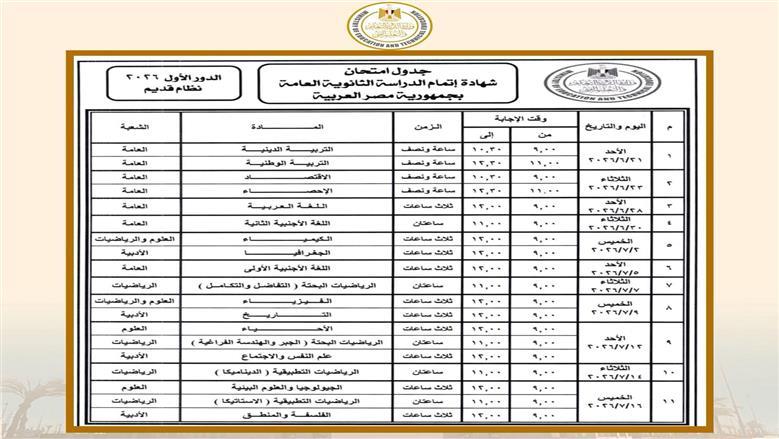 جدول امتحانات الثانوية العامة 2026