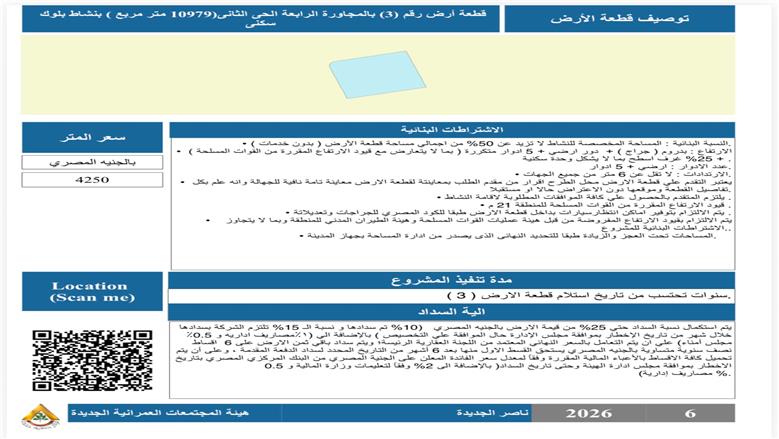 فرص استثمارية جديدة بمدينة ناصر الجديدة (غرب أسيوط)