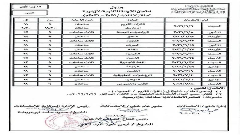 جدول امتحانات الثانوية الأزهرية 2026